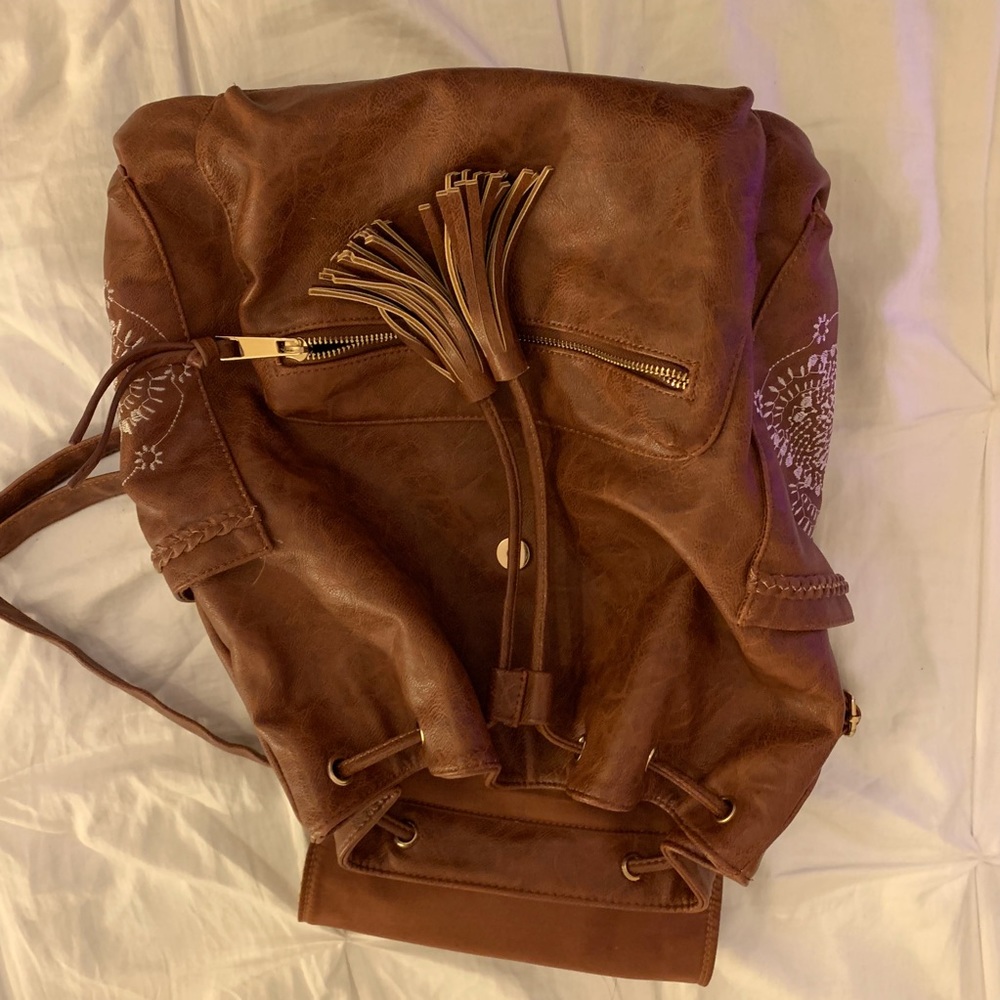 Faux Leather Embroidered String Backpack - image 2